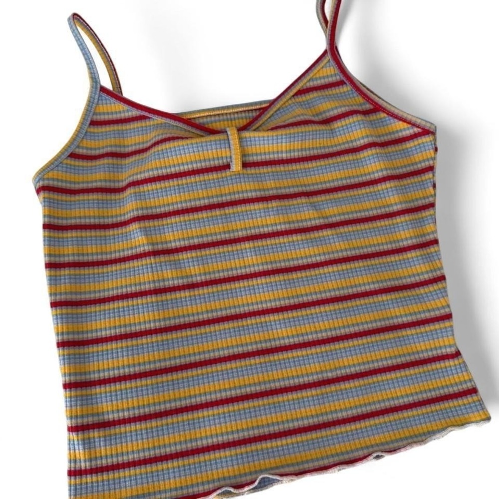 Zaful Women Striped Ribbed Knit Cami Top Red Yellow Blue Lettuce Edge Large